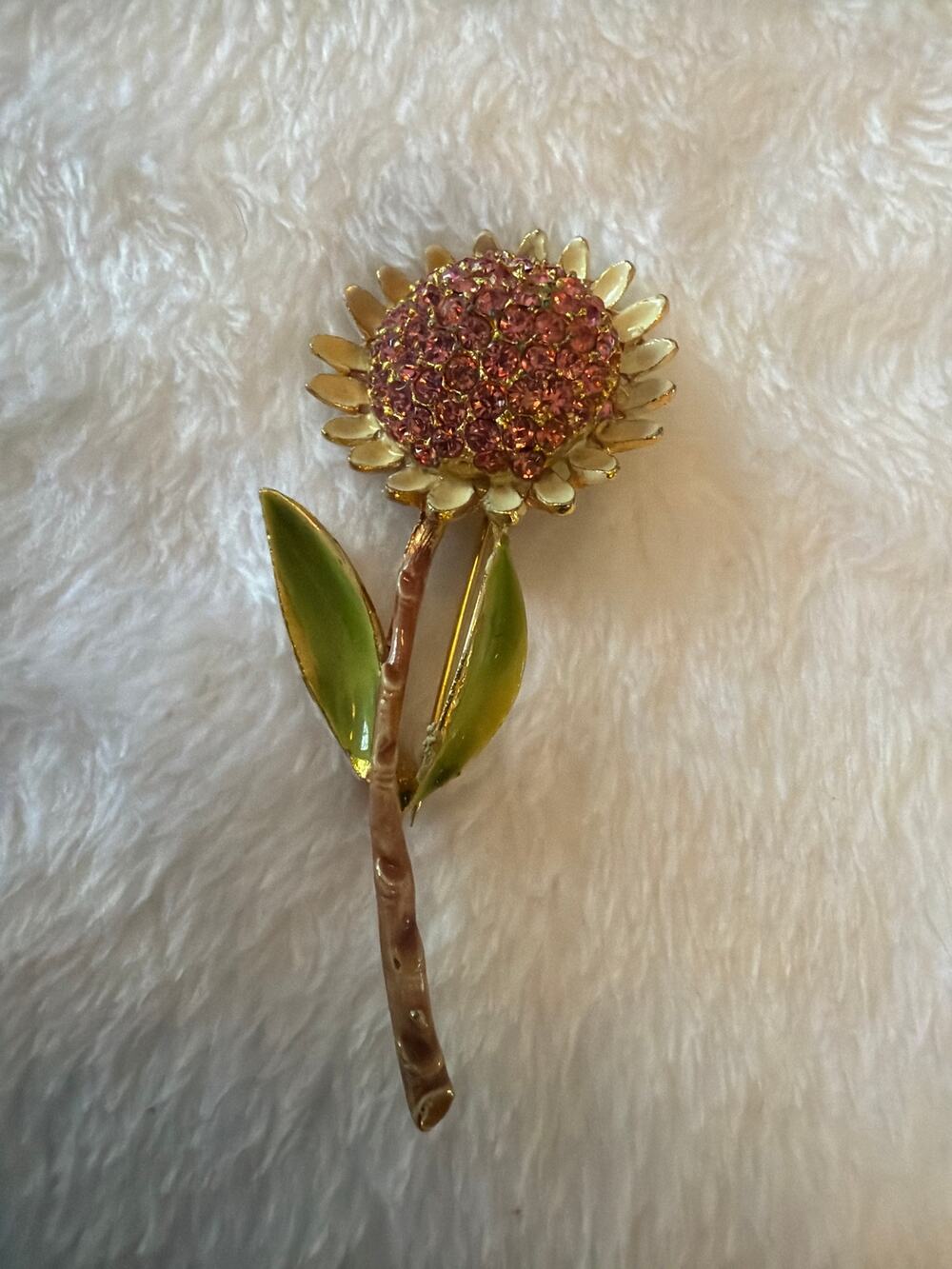 BSK Gold Tone Pink Rhinestone Sunflower Brooch Green Enamel Leaves Floral Pin
